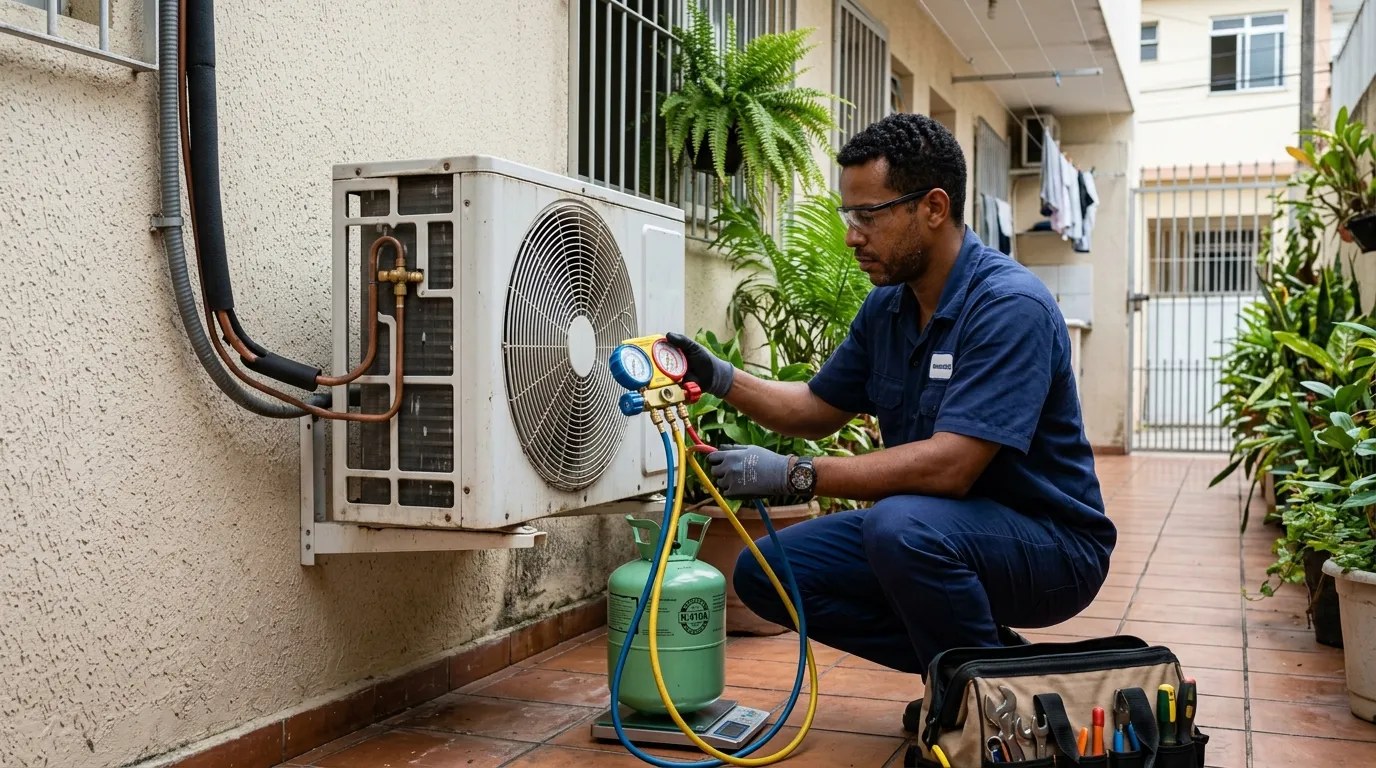 Técnico fazendo carga de gás na condensadora do ar-condicionado em Cabo Frio‑RJ