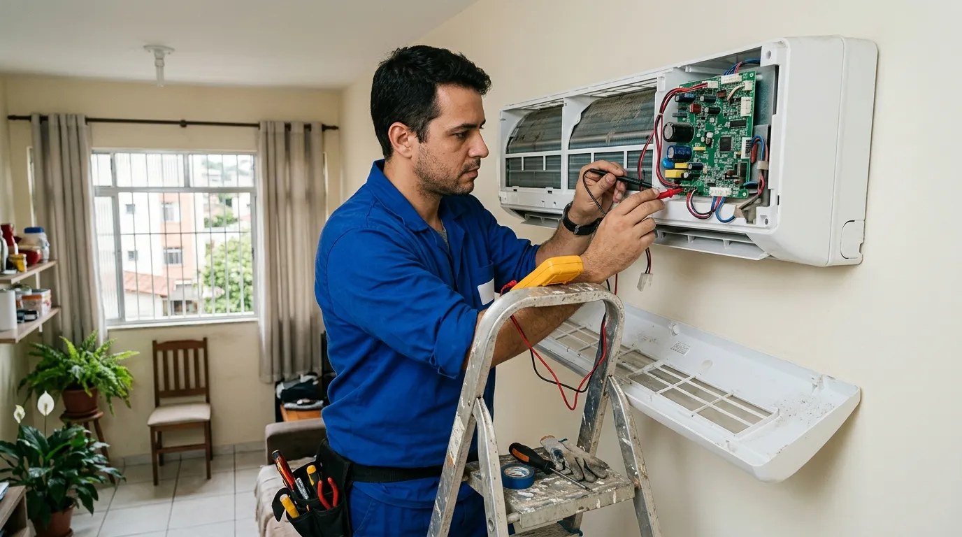 Técnico trocando a placa eletrônica de ar-condicionado split em Cabo Frio‑RJ