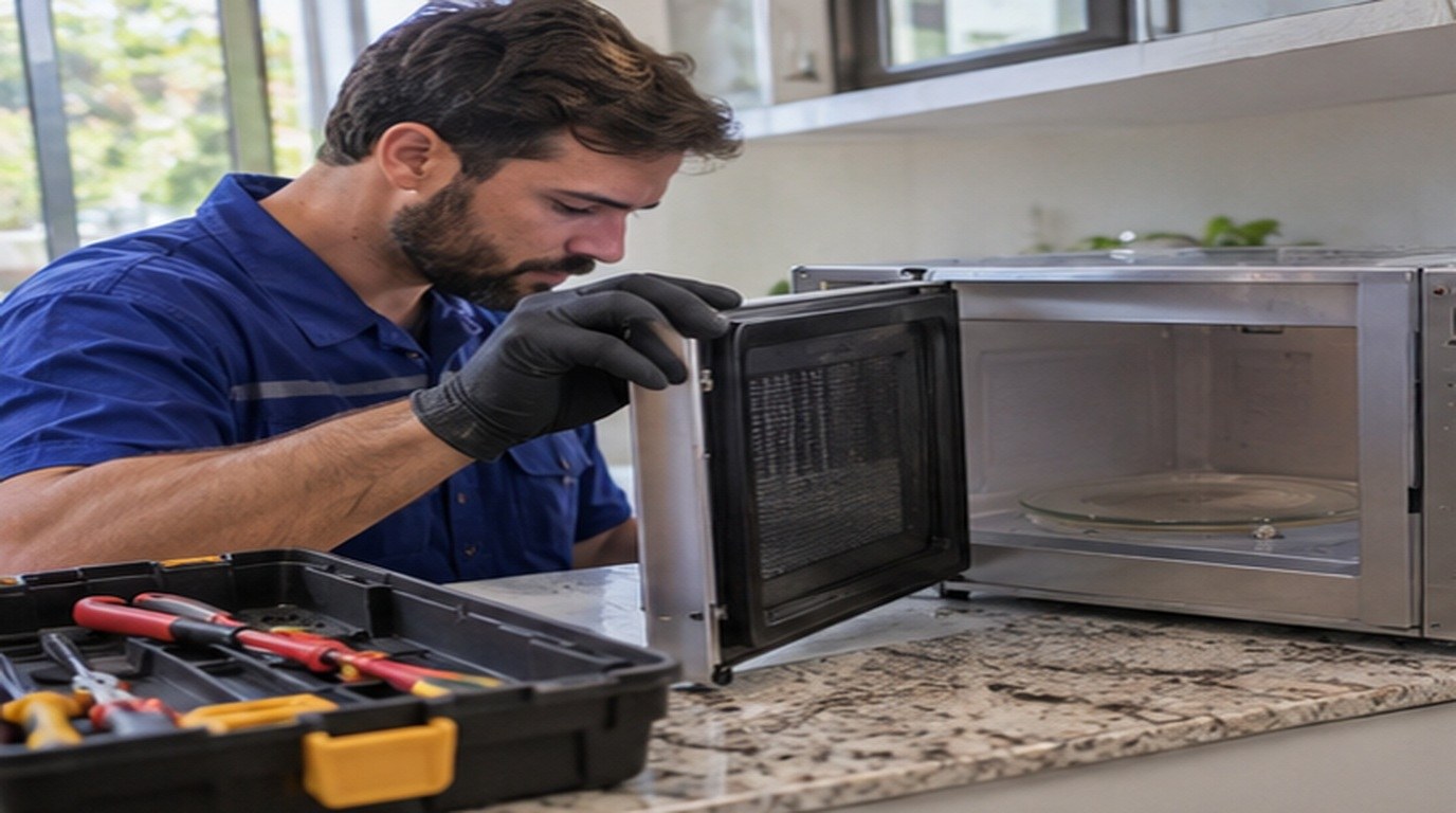 Conserto de micro-ondas em Cabo Frio‑RJ: técnico abrindo um micro-ondas de bancada