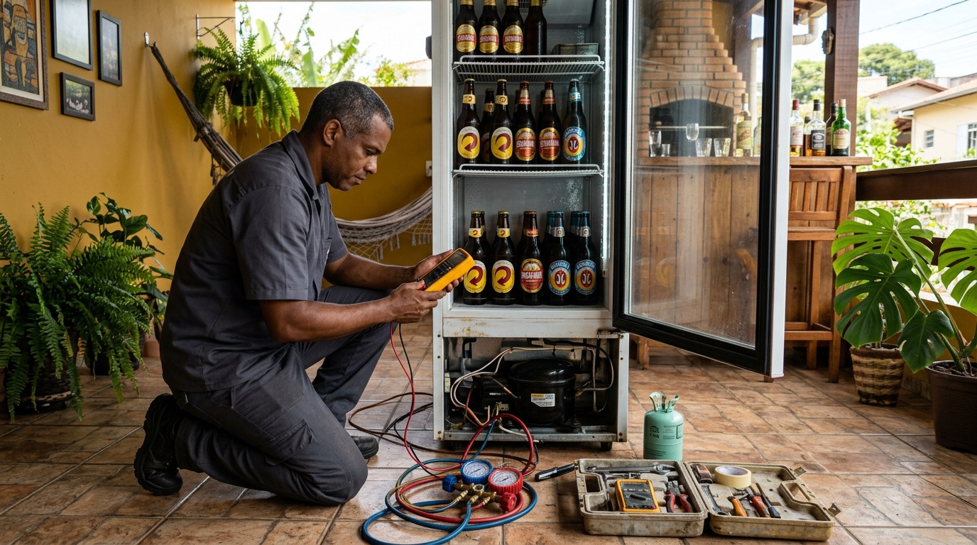 Placa eletrônica de cervejeira em reparo na bancada no Centro, Cabo Frio‑RJ