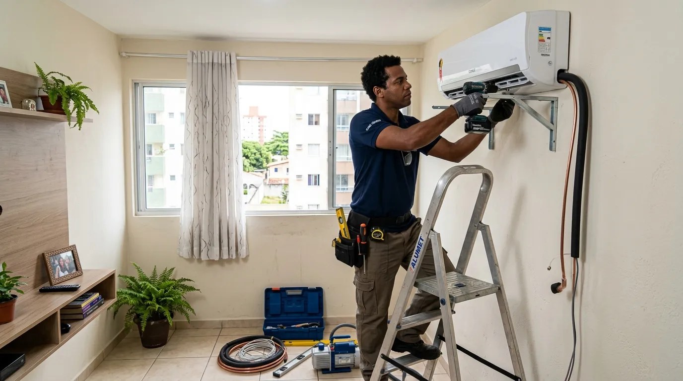 Técnico instalando ar-condicionado split em residência em Cabo Frio‑RJ