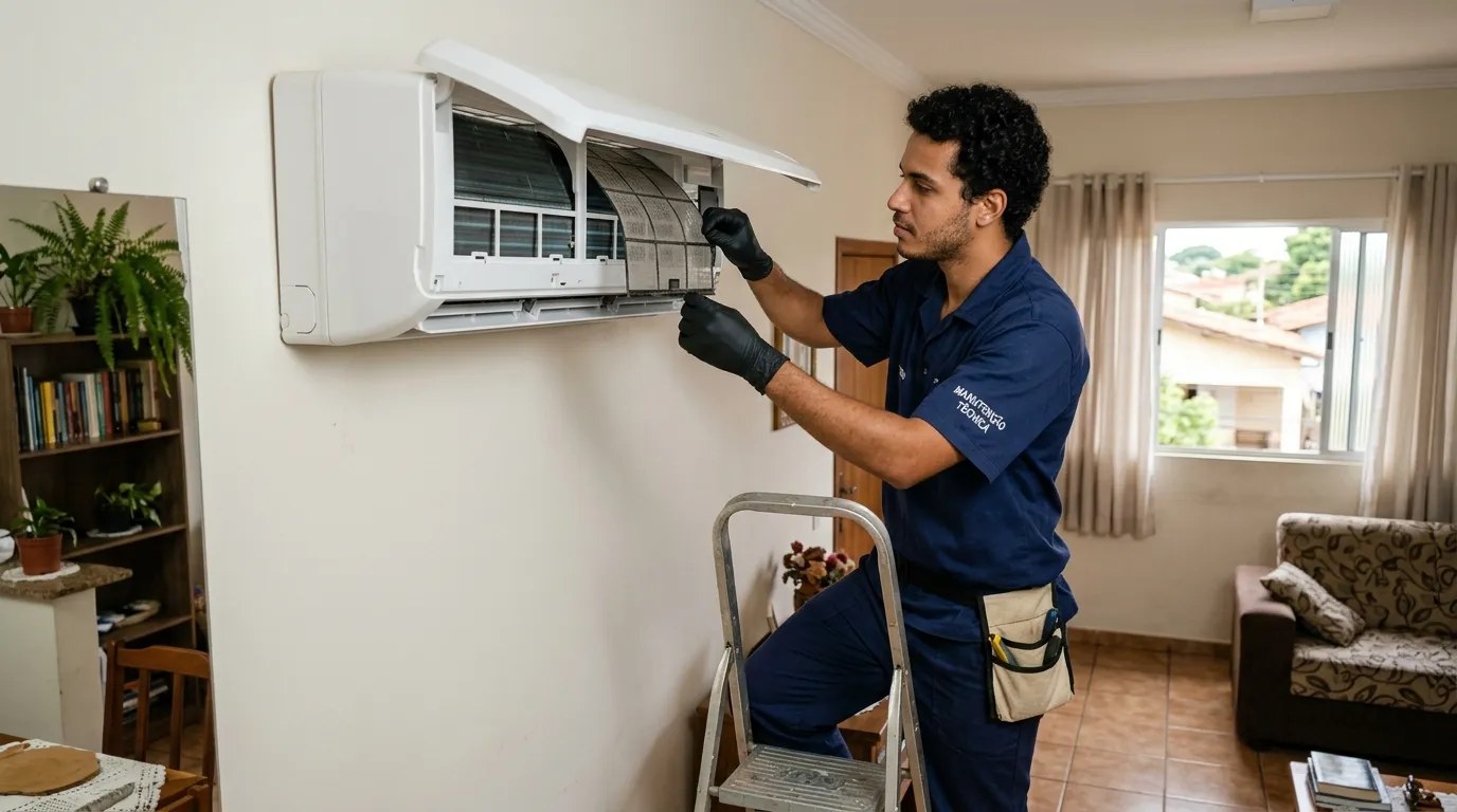 Técnico fazendo limpeza e higienização de ar-condicionado split em Cabo Frio‑RJ