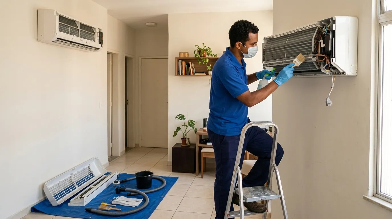 Técnico fazendo manutenção de ar-condicionado split em Cabo Frio‑RJ