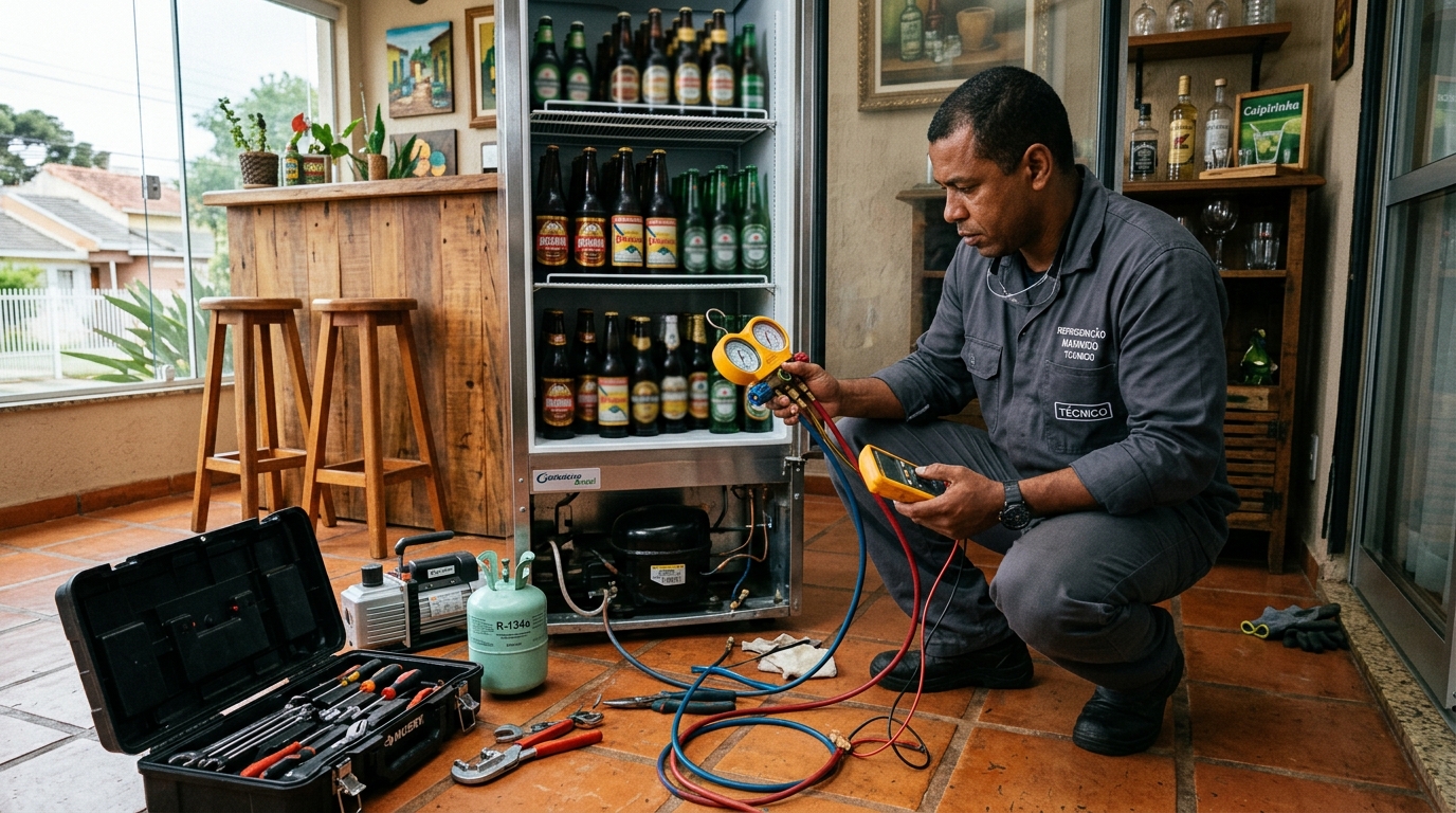 Técnico conferindo a temperatura de uma cervejeira durante atendimento no Centro, Cabo Frio‑RJ