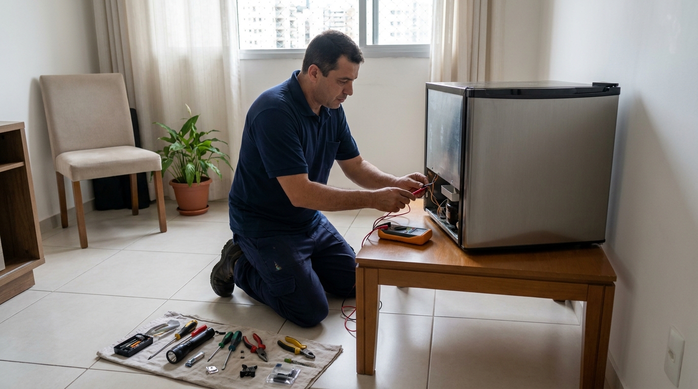 Técnico avaliando um frigobar compacto durante atendimento em Cabo Frio‑RJ